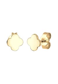 Goldene Steckerohrringe in Form einer vierblättrigen Blume mit polierter Oberfläche. Verfügt über eine sichere Befestigung für einfaches Tragen.
