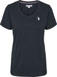 Temno modra bombažna majica z okroglim izrezom, kratkimi rokavi in majhnim belim vezenim logotipom na levi strani prsnega koša.