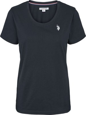 Temno modra bombažna majica z okroglim izrezom, kratkimi rokavi in majhnim belim vezenim logotipom na levi strani prsnega koša.