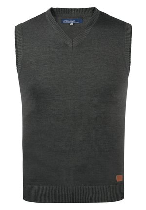 Suéter sin mangas en tela gris oscuro, con escote en V, que presenta un ribete en el cuello y el dobladillo. Parche de logotipo pequeño en marrón en el lado inferior.