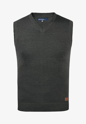 Maglione senza maniche a scollo a V in tessuto grigio scuro, con colletto e orlo a coste. Piccola etichetta logo marrone sul lato inferiore.