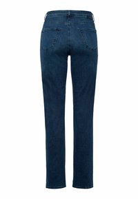 Dunkelblaue Denim-Jeans mit geradem Beinausschnitt, ausgestattet mit zwei Gesäßtaschen und einem einfachen Bund. Glatte Textur mit genähten Akzenten.