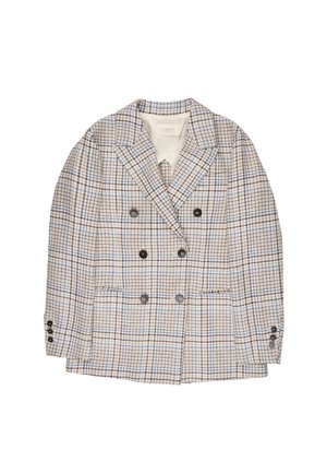 Blazer doppiopetto a quadri con motivi blu, marroni e beige, dotato di rever a lancia, sei bottoni frontali e polsini con bottoni.