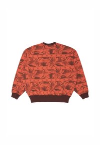 Czerwona bluza z brązowymi akcentami, z kwiatowym wzorem. Żebrowane mankiety i dół, teksturowana tkanina, krój z okrągłym dekoltem. Pokazany widok z tyłu.