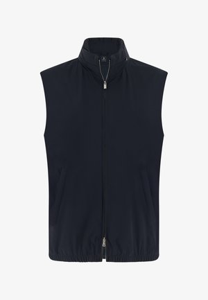 Gilet senza maniche blu navy con colletto alto, cerniera frontale e due tasche laterali. Realizzato in materiale liscio e leggero.