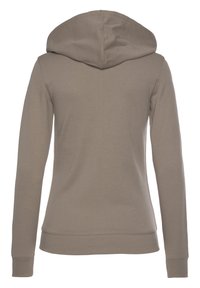 Hoodie in hellbraun, aus weichem Material. Hat lange Ärmel und Bündchen mit einer glatten Textur. Rückansicht dargestellt.