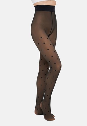 Black sheer tights with small, scattered heart patterns, featuring a black waistband, smooth texture, and a lightweight design.