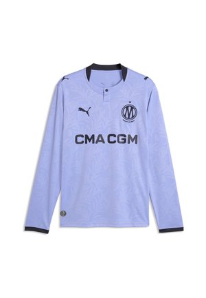 Jasnofioletowa sportowa koszulka z długim rękawem z czarnym kołnierzem, z logo Puma i Olympique de Marseille oraz tekstem sponsora "CMA CGM" z przodu.