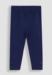 Sötétkék gyermek leggings, rugalmas derékkal, és mindkét lábszáron két kis virágformájú gombbal a bokánál.