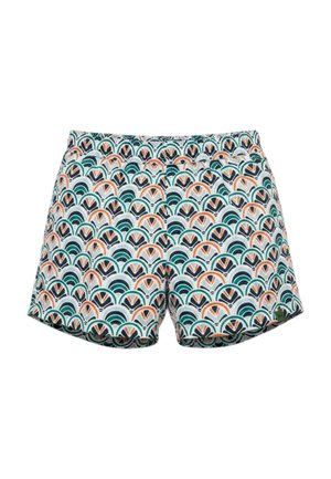 Pantaloncini corti con elastico in vita, decorati con motivi a semicerchio arancione, turchese e nero su sfondo bianco.