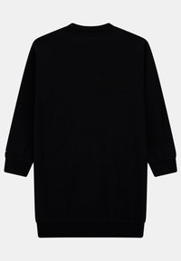 Musta pitkähihaine huppari-mekko. Tasainen kangas, pyöreä kaula-aukko ja ribbikuvioidut hihansuut. Polvipituinen, rento malli ilman näkyviä kuvioita tai varusteita.