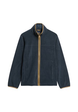 Navy fleece jacket with a high collar, gold zipper, and two front pockets. Features contrasting tan accents on collar and cuffs.