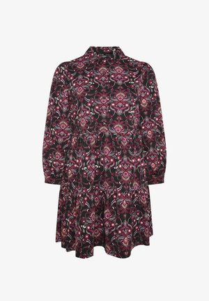 Czarna sukienka z kwiatowym wzorem w odcieniach różu, czerwieni i bieli. Ma kołnierzyk i długie rękawy oraz rozkloszowany dół.