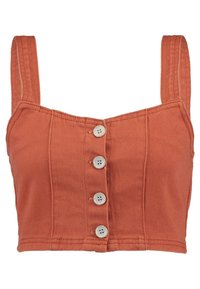 Top corto color ruggine con spalline larghe, presenta una chiusura a bottoni sul davanti e un design strutturato in tessuto texturizzato.