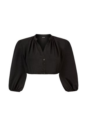 Schwarze kurze Bluse mit langen Puffärmeln, knöpfbare Vorderseite, leichte Raffungen am Kragen sowie elastischem Saum und Bündchen.