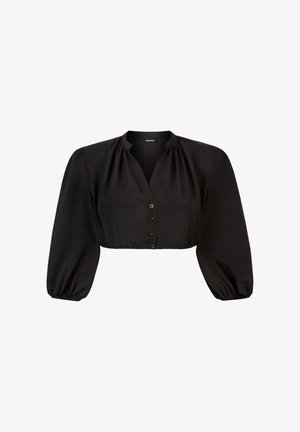 Schwarze kurze Bluse mit langen Puffärmeln, knöpfbare Vorderseite, leichte Raffungen am Kragen sowie elastischem Saum und Bündchen.