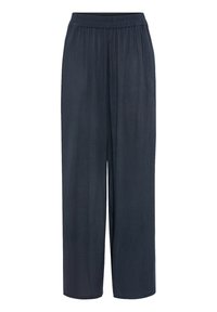 Pantalones de pierna ancha en azul oscuro con cintura elástica, fabricados en una tela liviana, que cuentan con una textura suave y un corte recto.