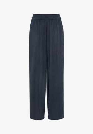 Dark blue wide-leg trousers with an elastic waistband, made from lightweight fabric, featuring a smooth texture and straight cut.