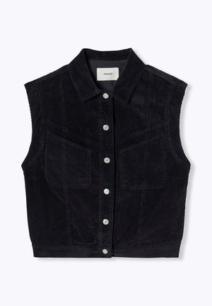 Gilet sans manches en velours côtelé noir avec un devant boutonné, deux poches poitrine et un col classique. Tissu texturé avec un motif côtelé subtil.