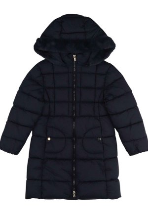 Cappotto imbottito blu navy con cappuccio con bordo in pelliccia sintetica, chiusura con zip e texture trapuntata. Presenta due tasche rotonde con dettagli in oro.