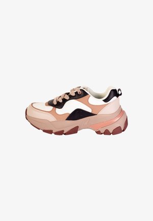Chunky sneaker with a light pink, white, and black design. Features textured materials and a thick rubber sole with a prominent tread pattern.