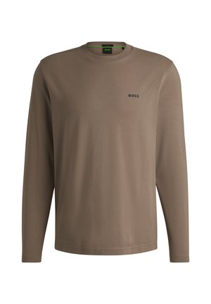 Khadrová košile s dlouhým rukávem, s kulatým výstřihem a malým černým logem "BOSS" na hrudi. Hladká textura, minimalistický design.