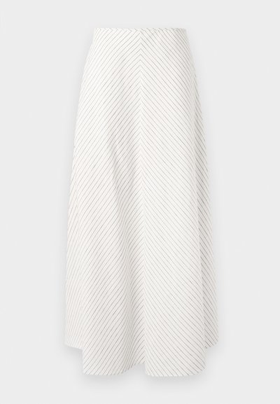 Jupe blanche avec un motif rayé diagonal dans des tons sombres. Forme évasée, mi-longue, texture lisse et sans matériel ou accents visibles.