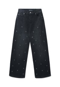 Jean large noir en denim avec des œillets en argent régulièrement espacés sur le devant. Design classique à cinq poches.