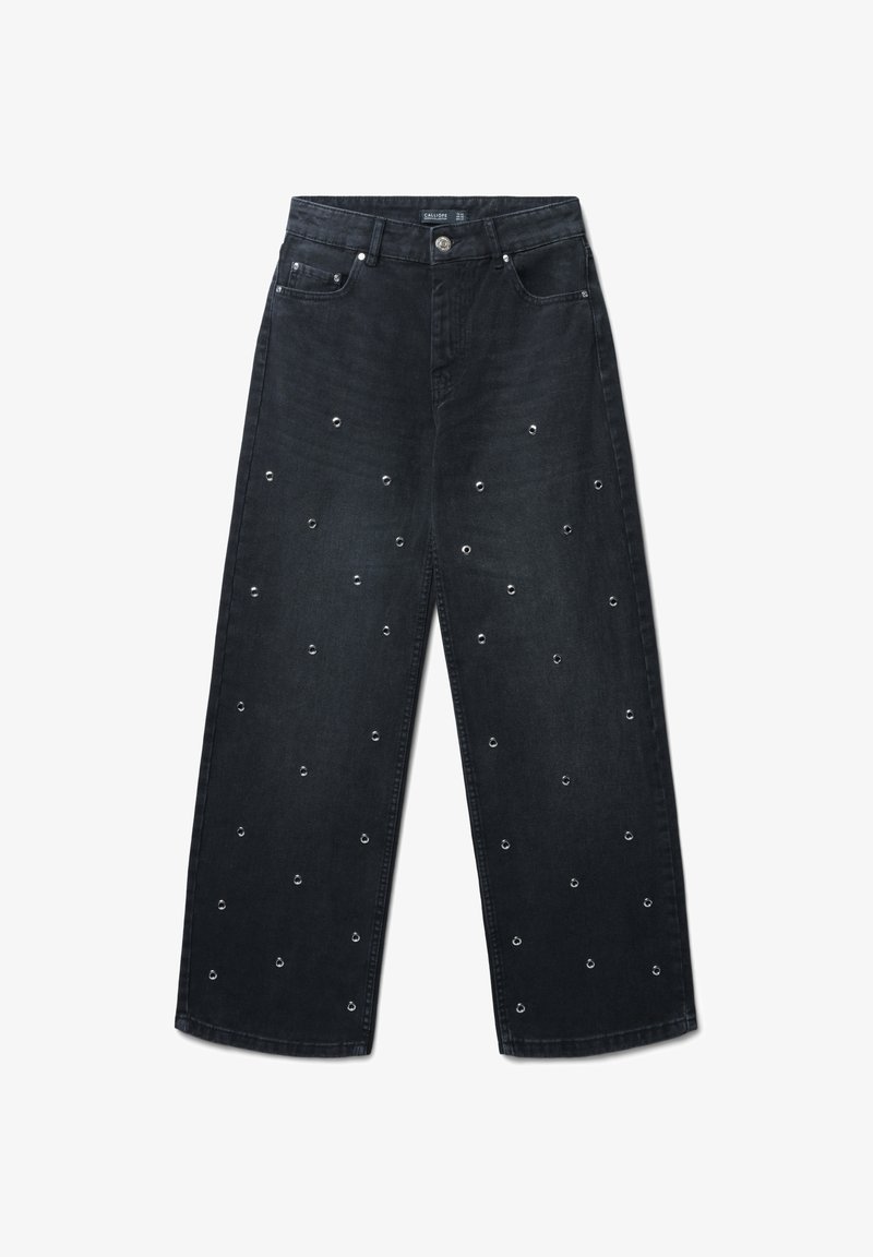Jean large noir en denim avec des œillets en argent régulièrement espacés sur le devant. Design classique à cinq poches.