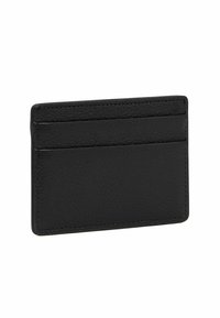 Portafoglio in pelle nera con quattro slot per carte e una finitura texturizzata con bordi cuciti, forma rettangolare compatta.