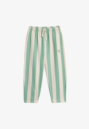 Grüne und weiße, vertikal gestreifte Hosen mit elastischem Bund, Kordelzug und Seitentaschen, mit einem kleinen Logopatch am rechten Bein.