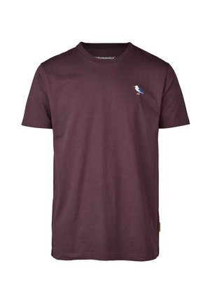 Dark maroon cotton t-shirt with a crew neckline, short sleeves, and a small embroidered bird design in blue and white on the left chest.