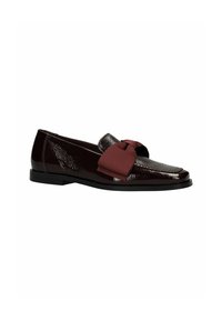Glossy dark burgundy loafer with flat black sole and large fabric bow detail on top.