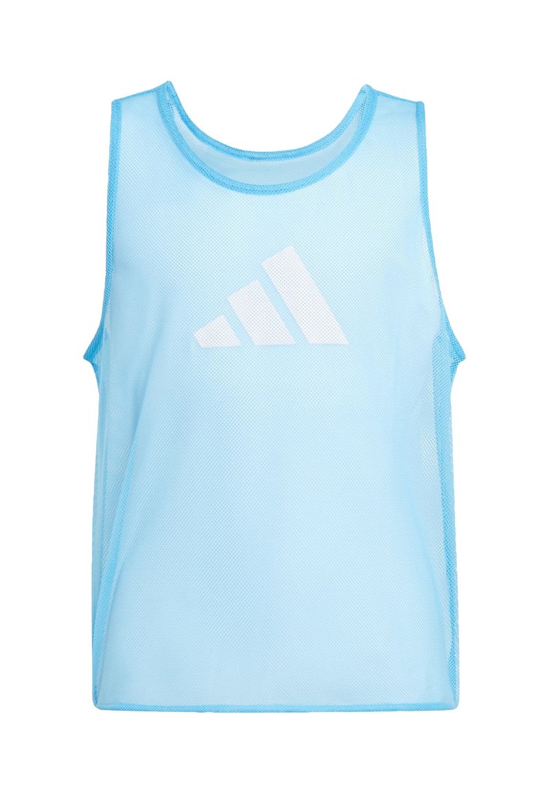 Himmelblaues Mesh-Sporttrainingstrainingstshirt ohne Ärmel mit weißem, geometrischen Logo, das zentriert auf der Vorderseite platziert ist.