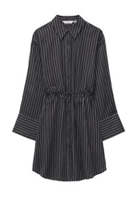 Schwarz-weiß gestreiftes Hemdkleid mit Kragen, Knopfleiste, elastischem Zugbund in der Taille und weiten Ärmeln. Weicher Stofftextur.