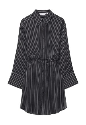 Black and white striped shirt dress with a collared neckline, button front, elastic drawstring waist, and wide sleeves. Soft fabric texture.