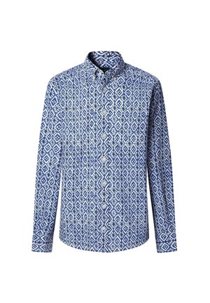Koszula z długim rękawem w niebiesko-białym kolorze z geometrycznym wzorem w diamenty. Zapięcie na guziki z klasycznym kołnierzykiem i teksturowanymi akcentami.
