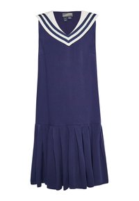 Navy Kleid mit ausgestellt gefälteltem Saum, ausgestattet mit einem weißen Kragen mit navy gestreiften Akzenten, ärmellosem Design und weicher Stofftextur.