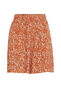 Oranje bloemenpatroon shorts gemaakt van lichtgewicht stof met een elastische tailleband. Heeft een relaxte pasvorm en een zachte textuur.