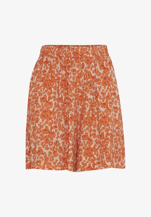 Oranje bloemenpatroon shorts gemaakt van lichtgewicht stof met een elastische tailleband. Heeft een relaxte pasvorm en een zachte textuur.