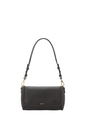 Black textured leather shoulder bag with braided edges, gold hardware clasps, and adjustable strap. Small gold "abro" logo on front flap.