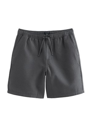 Ciemnoszare szorty z teksturowanego materiału z elastycznym pasem i sznurkiem z przodu, posiadające boczne kieszenie i luźny krój.