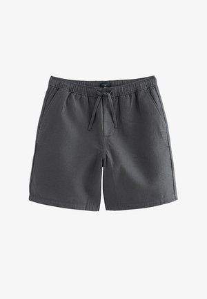 Ciemnoszare szorty z teksturowanego materiału z elastycznym pasem i sznurkiem z przodu, posiadające boczne kieszenie i luźny krój.