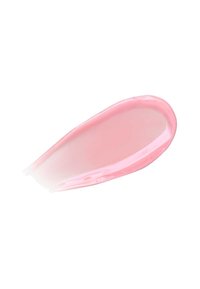 Campione di crema o lozione rosa con finitura lucida, forma curva e texture liscia, applicato su uno sfondo bianco.