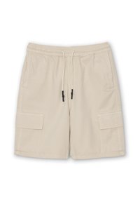 Bermudas cargo beige con cintura elástica, cordón ajustable, bolsillos laterales y bolsillos con solapa en cada pierna.