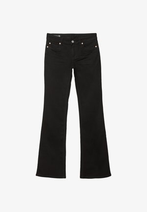 Black flared jeans with a smooth texture, featuring copper-tone metal hardware and traditional five-pocket design.