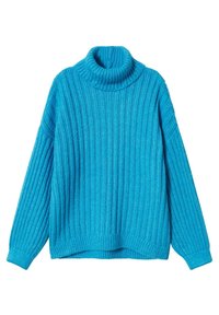 Turquoise turtleneck sweater in ribbed knit texture, featuring long sleeves and a relaxed fit. Made from a soft, medium-weight material.