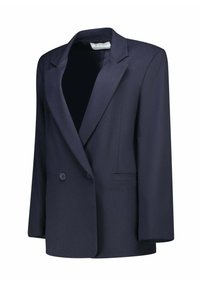 Blazer blu navy, design doppiopetto, rever a incavo, due bottoni, tessuto liscio, tasche frontali, vestibilità rilassata, struttura sartoriale.