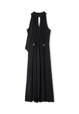 Vestido negro sin mangas con cuello alto, espalda con abertura en forma de llave, pliegues y cordones en la cintura. Textura suave y diseño de longitud hasta el suelo.