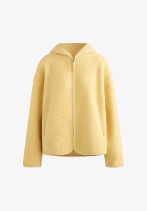 Gelbe Fleecejacke mit durchgehendem Reißverschluss, Kapuze und Seitentaschen. Strukturierter Stoff, lockere Passform und kontrastierende Einfassung an den Kanten.